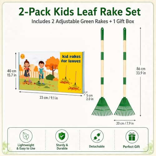 2 Pack Kids Leaf Rakes, 34” Adjustable Small Garden Rakes for Leaves - color: Green