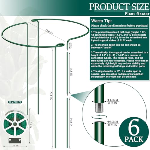 6-Pack 31.5” Plant Support Stakes, Steel Plant Cage & Peony Tomato Hydrangea Cage, Garden Stakes for Outdoor Plants, Heavy-Duty Plant Stakes, 16.7” Support + 14.8” Extension Tubes - size: 31.5in