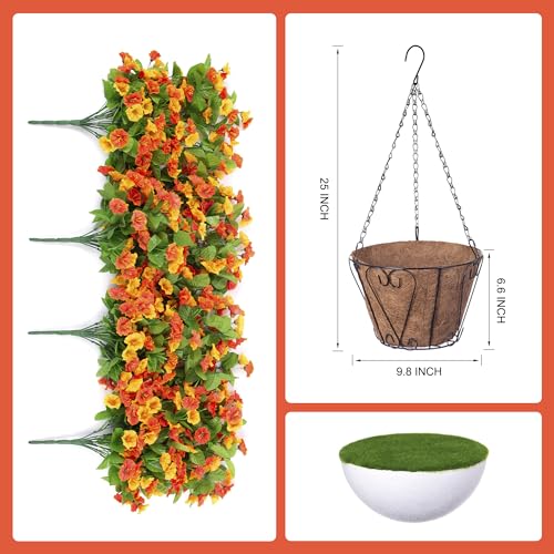 Fake Fall Artificial Outdoor Flowers Plant with Hanging Basket UV Resistant - color: Orange