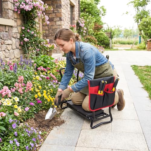 Goplus Garden Kneeler and Seat, Heavy-Duty Garden Bench w/Large Tool Pouch, Widen EVA Foam Kneeling Pad, Portable Gardening Helper for Women Men Seniors, Foldable Garden Stool for Kneeling & Sitting - color: Black, style: With 1 Bags
