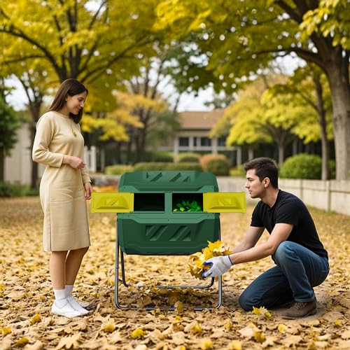43 Gallon Outdoor Dual Chamber Tumbling Composter - BPA Free, Rotating Compost Bin with Sliding Doors & Steel Frame for Garden/Yard - color: Green