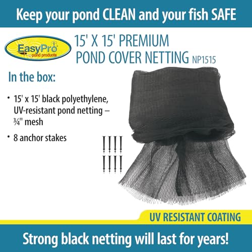 EasyPro NP1515 Premium 3/4-Inch Pond Cover Netting, 15' x 15' with 8 Stakes - size: 15' x 15' with 8 stakes, style: Standard 3/4" Mesh