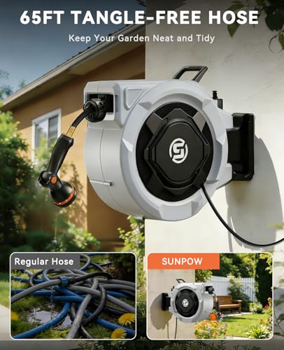SUNPOW Retractable Garden Hose Reel - 5/8in x 65ft Heavy Duty Wall Mounted Hose Reel with 3/4in Brass Fitting & 10 Function Nozzle - Any Length Lock, Auto Rewind System, 180°Swivel Bracket - Gray - size: 5/8" 65FT