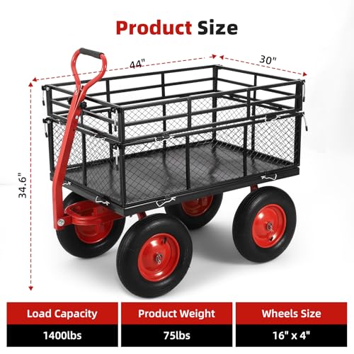 1400 LBS Steel Garden Yard Cart, Heavy-Duty Metal Garden Wagon Convertible 2-in-1 Handle and Removable Sides to Convert into Flatbed Lawn and Utility Wagons Cart
