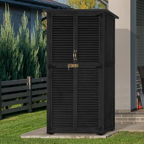 MCombo Outdoor Wooden Storage Cabinet, Garden Tool Shed with Latch, Outside Tools Wood Cabinet with Double Doors for Patio - color: Black, size: Large