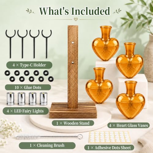 Plant Terrarium Propagation Station with 4 Heart Glass Vases - Amber - color: Amber