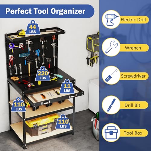 Goplus Workbench with Drawer, 32" x 16" Heavy-Duty Work Table with 2 PCS Pegboard & 4 Shelves, 19 Hanging Hooks, 495LBS Capacity, Metal Tool Storage Work Bench for Garage, Workshop, Home - color: Black, size: 32" x 16" with Drawer