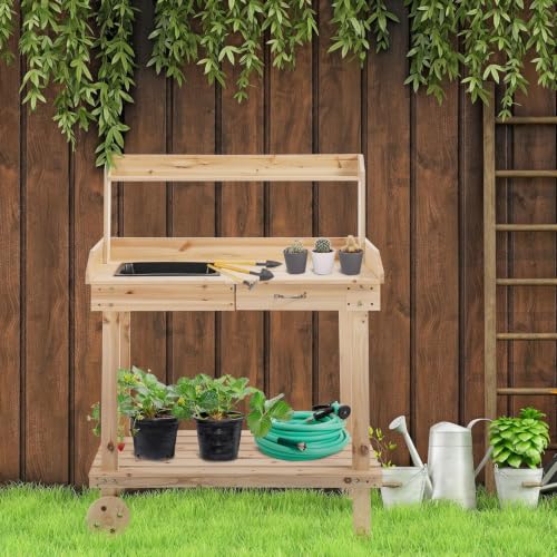 36" Wooden Potting Bench Work Table with Wheels, Removable Sink, Drawer, Shelves & Garden Storage Workstation (Natural Wood) - color: Natural Wood