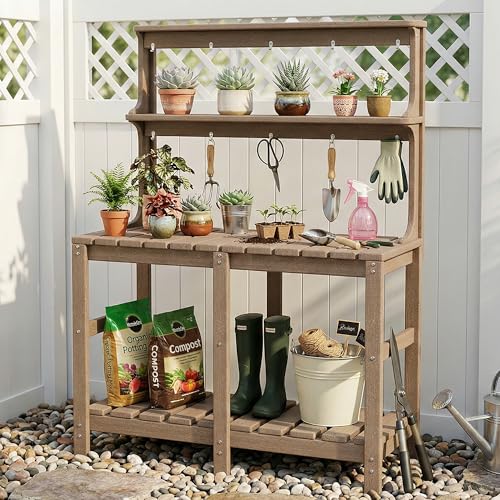 Outdoor Potting Bench with 3 Tier, All-Weather Patio Potting Table with Tool Hooks, HDPE Gardening Table for Backyard, Garden, Brown - color: Brown