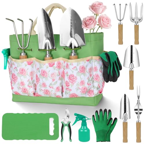 Garden Tool Set,10 Piece Garden Kit,Heavy Duty Stainless Steel Gardening Hand Tools with Durable Storage Tote,Rust-Proof Garden Tools,Gardening Gifts for Women Men Pink Floral Pattern Design - style: Pink Floral