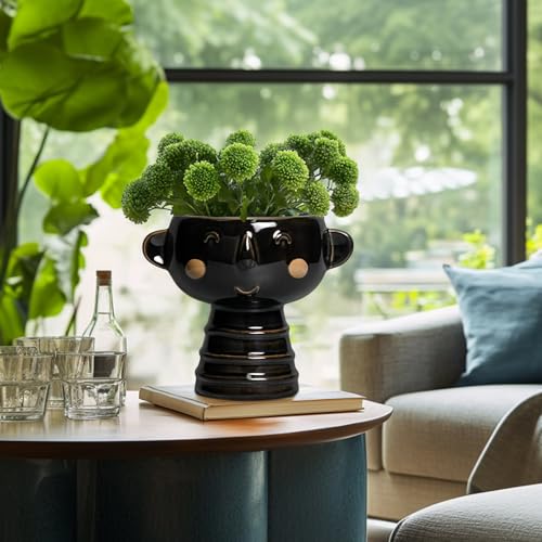 Face Planter - 7 Inch Ceramic Head Planters for Indoor Plants Outdoor, Cute Succulent Pots with Drainage Hole, Decorative Plant Pot, Home Office Room Decor, Black - color: Black-boy