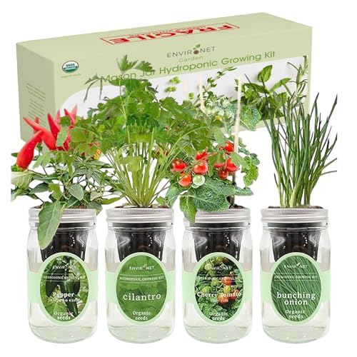 Hydroponic Mason Jar Indoor Garden Organic Seed Starter Kits - Zesty Salsa Growing Kits, Gardening Gift (Jalapeno Pepper, Cilantro, Cherry Tomato - Tiny Tim, Bunching Onion) - color: Zesty Salsa Growing Kits
