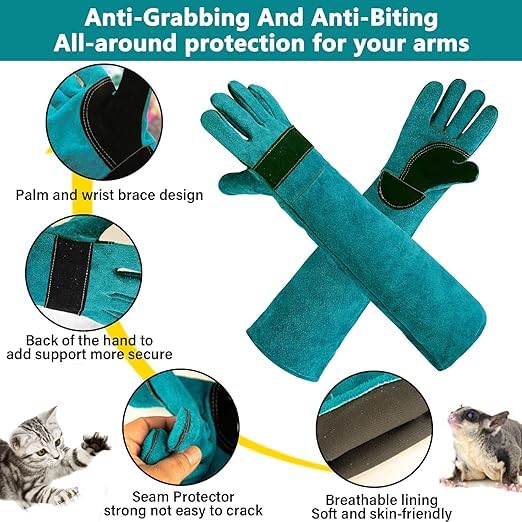 Animal Handing Gloves Bite Proof,Leather Welding Gloves,Multipurpose Puncture Proof Glove for Dog,Cat,Reptile,Snake - color: Blue+black, size: 23.6 inches