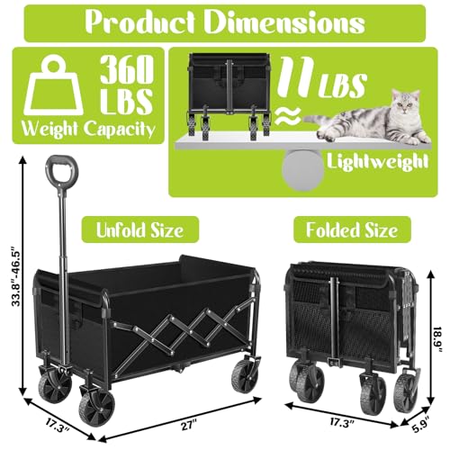 Wagons Carts Foldable, Collapsible Wagon with Wheels, Folding Wagons carts for Camp Sports Garden, Portable Utility Outdoor Wagon with 360lbs, Garden Cart for Groceries, Two Cup Holder, Black
