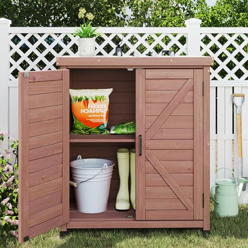 Outdoor Storage Cabinet & Potting Bench Table with Metal Top, Wooden Patio Furniture, Garden Workstation (Royal Brown, 36x31x17in) - color: Royal Brown, size: 36x31x17in
