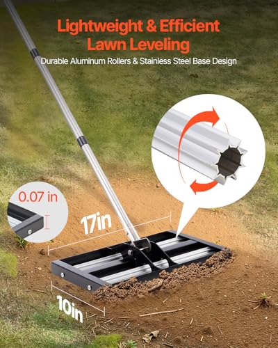 VEVOR Lawn Leveling Rake, Lawn Leveler with 63.4 in Adjustable Handle, 17x10 in Ground Plate, Heavy Duty & Rust-Resistant Metal Soil Leveler, Effort Saving Lawn Leveling Tool for Yard Golf Court - size: 17x10 in, style: with Roller: Stainless Steel