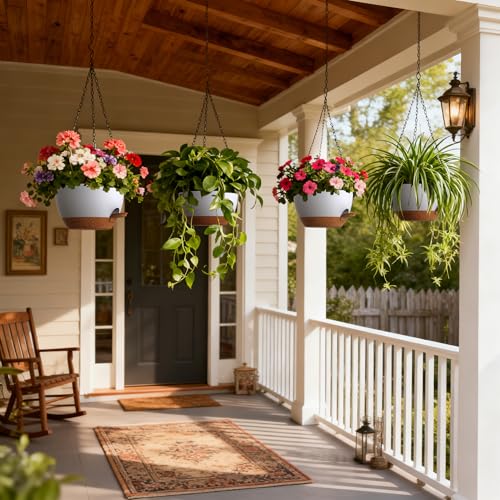 UOUZ 4 Pack 8 Inch Self Watering Hanging Planters for Indoor Outdoor Plants,Hanging Pots for Plants with Drainage Removable Tray, Hanging Baskets Flower Pots for Pothos Garden Porch White with Brown - color: White With Brown, size: 8inch-4pack