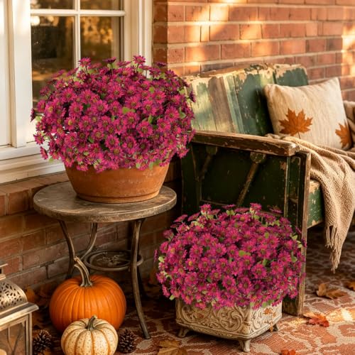 Fake Mums Artificial Fall Flowers for Outdoors Silk Daisy Bulk - color: Burgundy