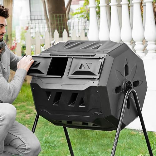 FixtureDisplays® 42 Gallon 28X24X36 Black Garden Waste Processing Bin, Dual Rotating Chambers, Outdoor Tumbler Design 15813NEW-NPF