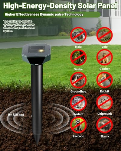 Snake & Mole & Rabbit & Skunk Repellent Solar Powered, Upgraded Ultrasonic Deterrent, IP65 Waterproof, Gopher Groundhog Chipmunk Raccoon and Vole Repellent & Deterrent for Lawn & Garden, 4 Pack - size: 1 Count (Pack of 4)