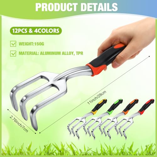 Yaocom 12 Pcs Hand Rake Garden Tool Mini Heavy Duty Garden Cultivator 11 Inch Small Rake Gardening Aluminum Alloy Hand Tiller with Handle for Digging Weeding Loose Soil (Red,Orange,Yellow,Green) - color: Red, Orange, Yellow, Green, style: 3-tine Rake