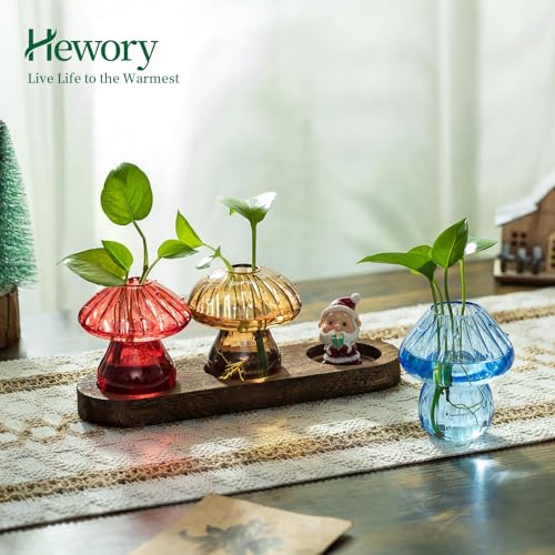 Hewory Plant Propagation Station: 3PCS Colored Mushroom Vase with Wood Tray - color: Colored, size: 3