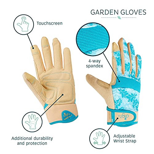Digz Gardening Gloves, Garden Gloves for Women - color: Blue Leaves Pattern, size: Medium