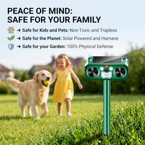 Solar Animal Repeller Outdoor, 4 Pack Ultrasonic Deterrent for Deer