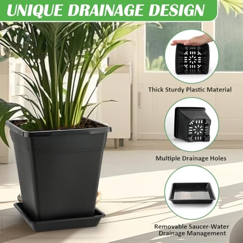 BTPLASTIK Plant Pots 10 Inch Set of 5, Large Square Plastic Planter with Drainage & Saucer, 5 Gallon Thick Outdoor Garden Pots Container for Outdoor Indoor, Flower Pots Planters - size: 10 INCH / 5P