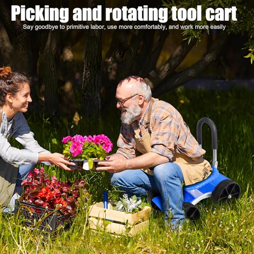 Rolling Garden Work Seat with Wheels - Adjustable Height Gardening Stool for Planting, 360° Swivel Rolling Gardens Cart with Seat,Tool Storage Tray,Garden Chair for Outdoor, Patio and Yard