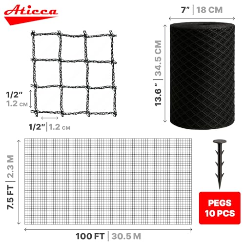 ATICCA 7.5 x 100 FT Heavy Duty Bird Netting for Garden, 10 Stakes, Black - size: 7.5x100 Bird Netting