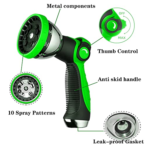 Garden Hose Nozzle Spray Nozzle,10 Hose Metal Duty Watering Patterns Thumb Control On Off Valve, High Pressure Nozzle Sprayer for Watering Plants, Car Wash,Cleaning,Showering Pets - color: Green