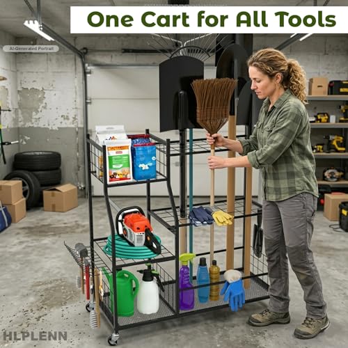 Garden Tool Organizer with Wheels, Metal Rack for Long Handled Tools