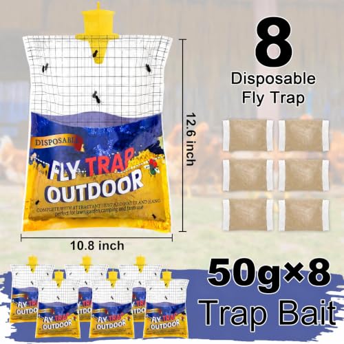 8 Big Fly Bags Outdoor Traps Hanging for Patio - Pre-Baited, Disposable - size: 8 Pack
