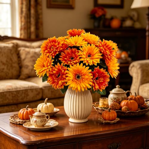 2 Bundles 16 Heads Large Artificial Mums Fake Fall Flowers for Outdoors - color: Orange Yellow