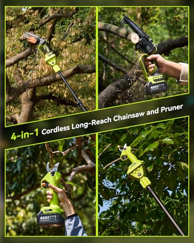 Supstable 4-in-1 Pole Saw & Pruning Shears Combo Kit, 6 Inch Mini Chainsaw for Tree Trimming, Battery Powered Chain Saw with Extension Pole, Limb Branch Cutter Pruner with 2 x 4000mAh Batteries - color: Kelly Green