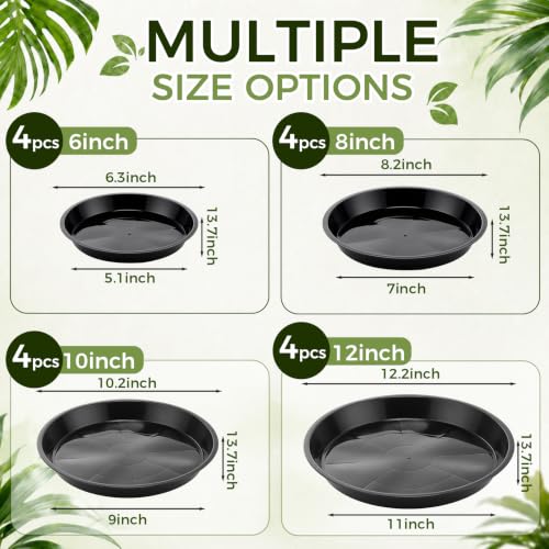 Gejoy 16 Pack Plant Saucer Tray 6 8 10 12 Inch Black Plastic Plant Saucers Heavy Duty Drainage Drip Water Trays Pot Saucers Trays for Indoors Outdoor Planter Flower Gardening Water Drainage Protection