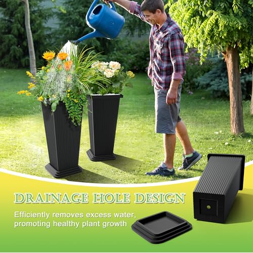 TUYOHW Set of 2 Large Tall Planter for Indoor or Outdoor 24" Flower Pots Tapered Tall Planters with Tray for Porch, Patio, Backyard, Large Planters for Outdoor Indoor Plants(Black,Striped) - color: Square Ribbed Black