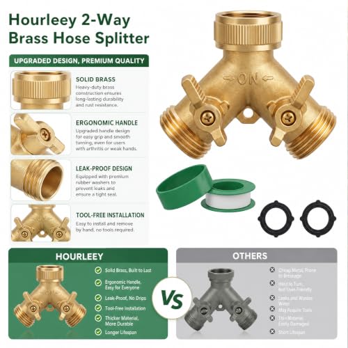 Hourleey Brass Garden Hose Splitter (2 Way), Solid Brass Hose Y Splitter 2 Valves with 2 Extra Rubber Washers (4 Pack) - size: 4 Pack - 2 Way
