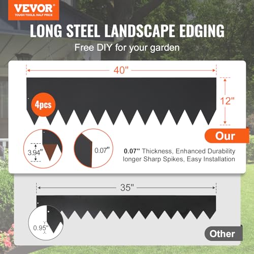 VEVOR Steel Landscape Edging, 4-Pack Steel Garden Edging Borders, 40" L x 12" H Strips, Hammer-in Edging Border with 6 Clips, Bendable Metal Landscape Edging for Yard, Garden, Lawn - size: 40" L x 12" H,4 Pack, style: Modern