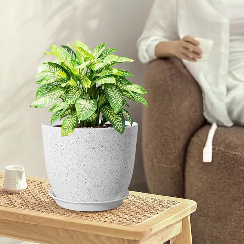 WSMKSZ Large Flower Pots 12/10/9 inch, Set of 3 Modern Decorative Plastic Planters with Drainage Holes and Saucers for Garden House Plants, Plant Pots for Indoor Outdoor Plants, Speckled White - color: Speckled White, size: 12"+10"+9"