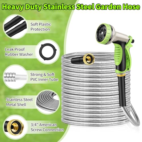 GOXAWEE 25FT Garden Hose, Stainless Steel Water Hose, 10 Function Nozzle - size: 25FT
