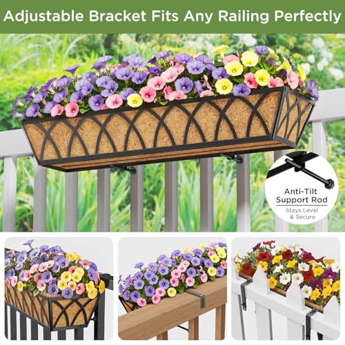 Y&M 2 Pack Hanging Railing Planter Boxes, 30 Inch Adjustable Balcony & Deck Planter, Heavy Duty Metal Flower Box for Porch, Fence & Window, Outdoor Plant Holder - size: X shape 30in 2P