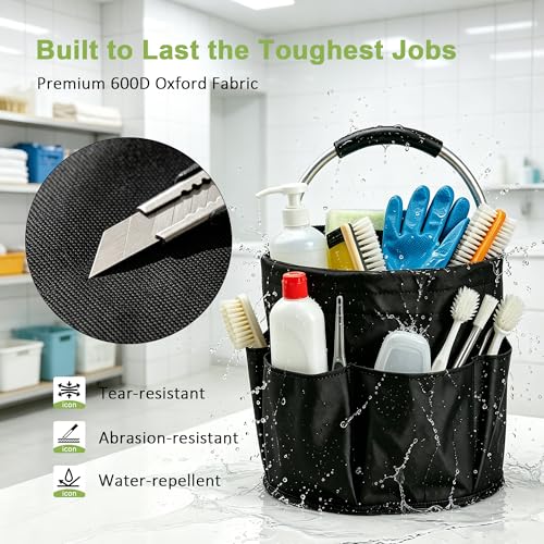 17L Foldable Cleaning Caddy with Handle - Portable Cleaning Supplies Organizer, 600D Oxford Fabric Storage Carrier for Housekeeping Bath Garden - color: Black
