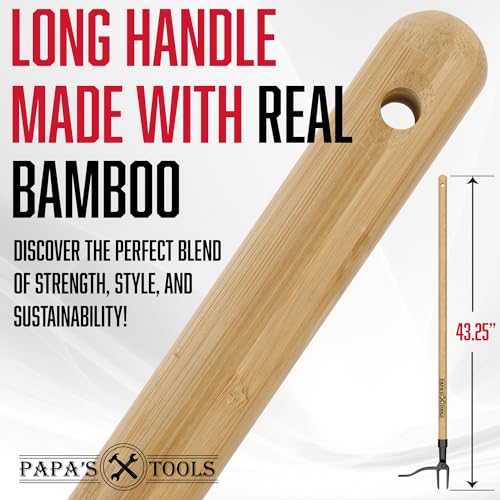 Papa's Tools One-Piece Weed Puller Tool - Stand Up Weeder, Heavy Duty Long Wooden Handle, Real Bamboo, 4-Claw Steel Head - color: Natural