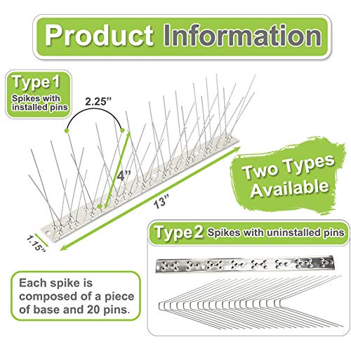Bird Spikes Stainless Steel 200ft Coverage 185 Pack for Pigeons Small Birds Outdoor Use Bird Prevention Strips for Fence Crows Woodpeckers with 304 Stainless Steel Pins and Base Not Rusty - size: 200 feet (185 pieces)