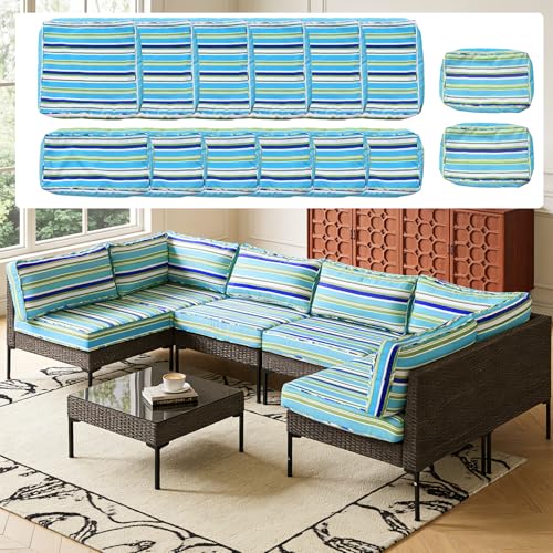 14Pcs Outdoor Cushion Covers Replacement Washable Waterproof UV w/Zipper for 6-Seaters Sofa Patio Slipcovers Set Seat and Back Covers Only (Aurora, 25.6x25.6inch) - color: Aurora, size: 25.6x25.6inch