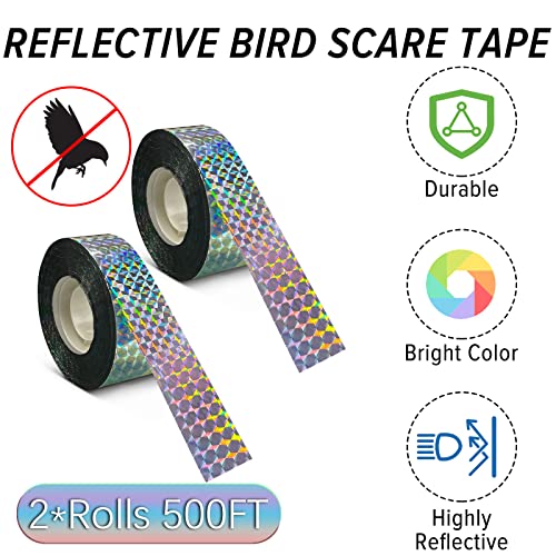 MP Mypole Bird Scare Tape - 2 x 500ft Reflective Flash Tape for Birds, Woodpeckers, Outdoor, House, Garden, Patio, Orchard - size: 500ft*2