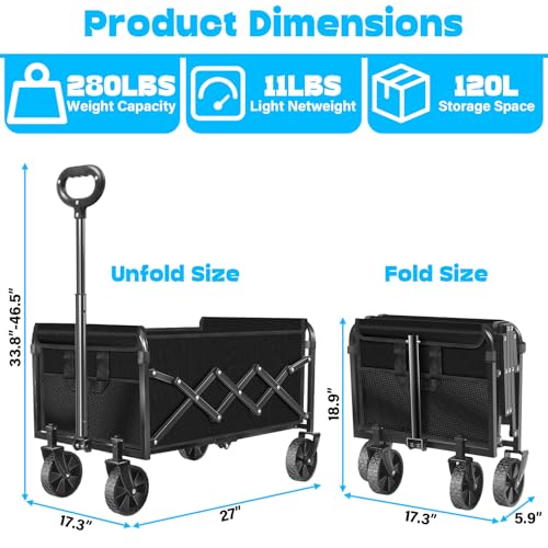 Wagons Carts Foldable,280lbs Collapsible Wagon Foldable Wagon with Wheels, Portable Folding Cart for Camping, Picnic,Beach, Groceries,Outdoor Sports,Shopping (Black) - color: Black