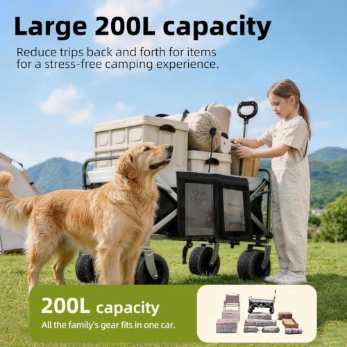 Folding Wagon Carts with Wheels Heavy Duty, Collapsible Beach Trolley, 360° Rotating All-Terrain Portable Camping Adjustable Handle for Outdoor Sports Garden - color: Black